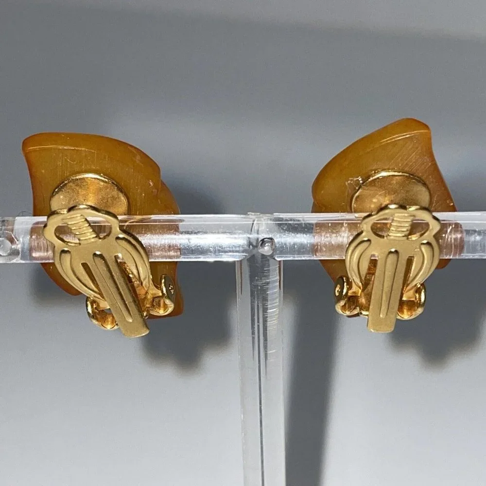 Vintage Kaliningrad USSR Natural Baltic Amber Clip On Earrings Leaf Shape Dangle